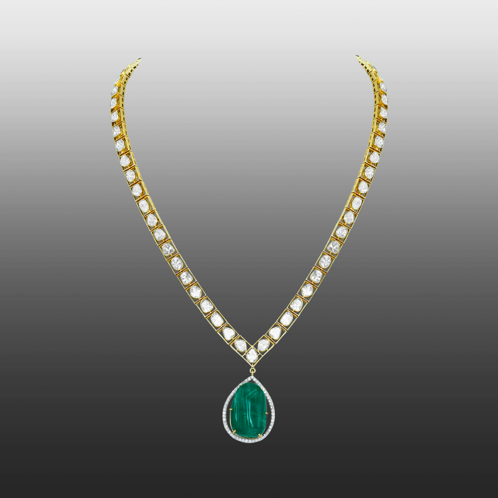 Emerald Pendant Polki Necklace with Symmetrical Polkis